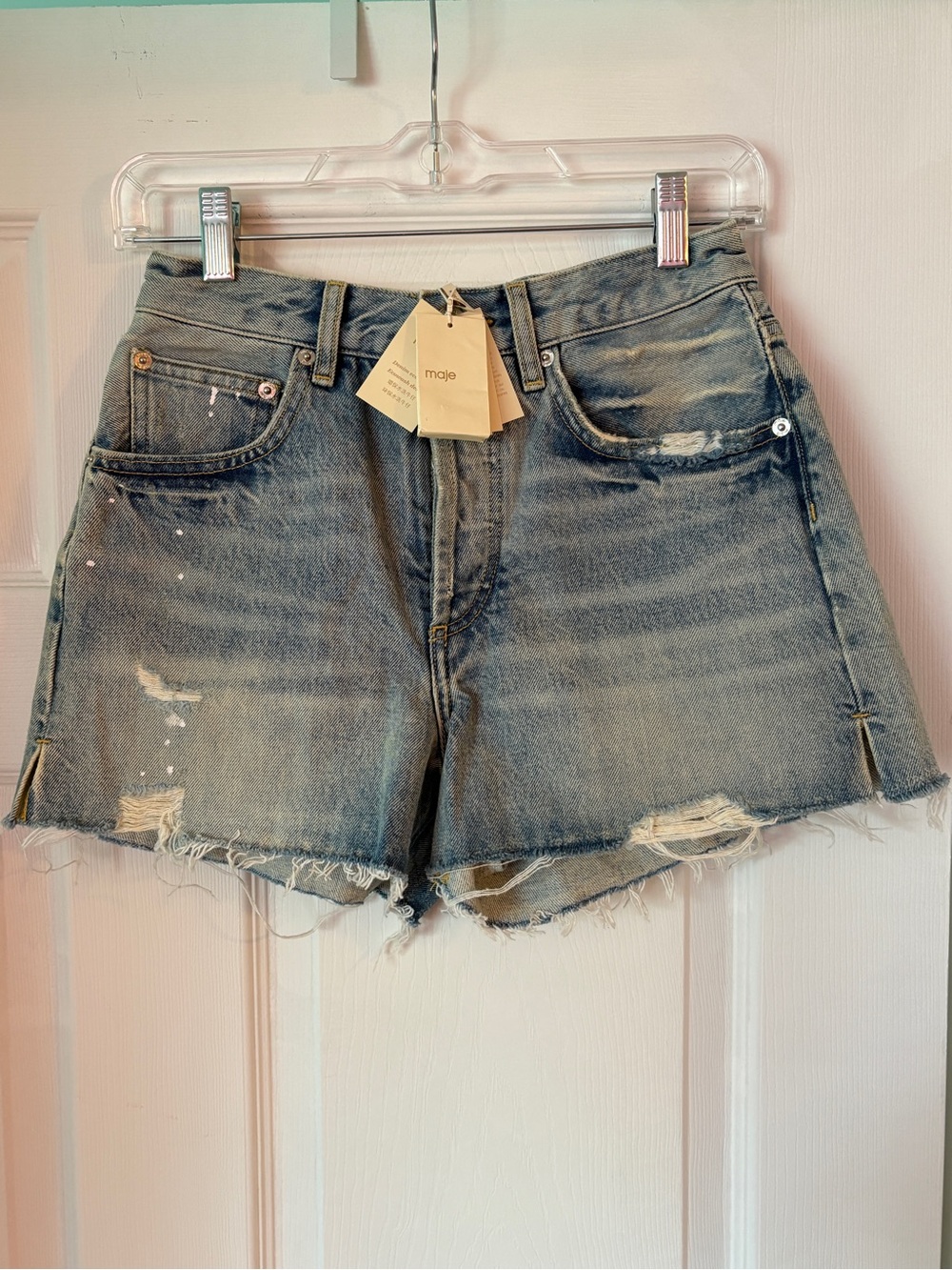NWT MAJE Instinct High-Rise Distressed Denim Shorts
